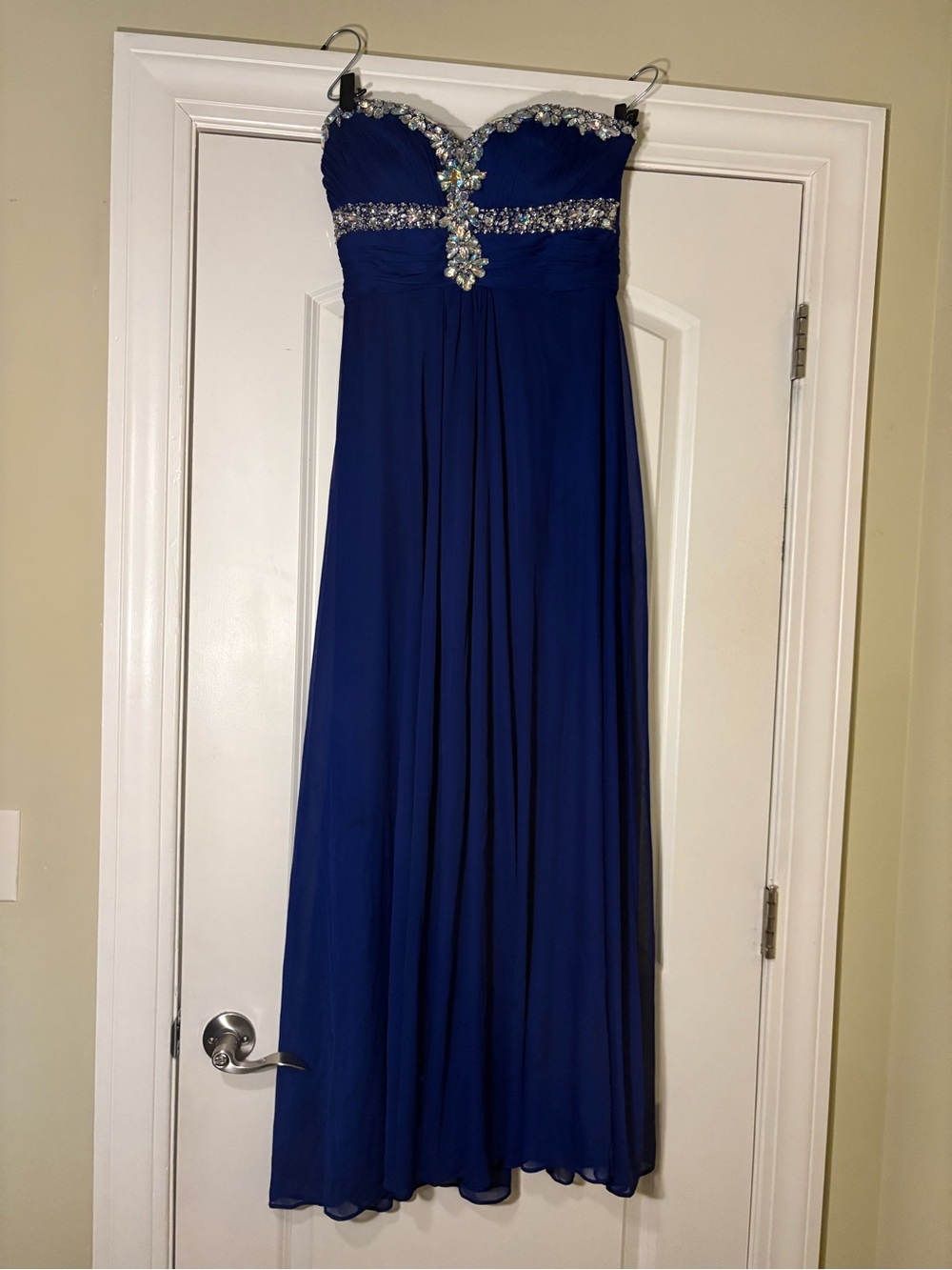 Xscape Strapless Sapphire Blue Prom Gown with Crystal Embellishment
